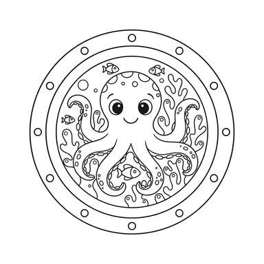 Submarine View Coloring Page: Octopus & Coral