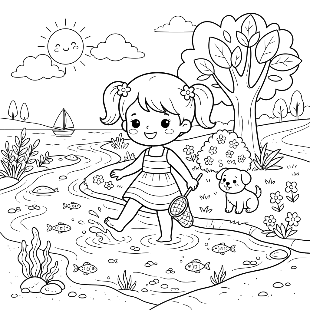 Summer Fun by the River Chibi Coloring Page