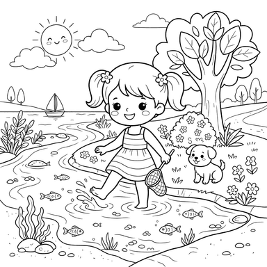 Summer Fun by the River Chibi Coloring Page