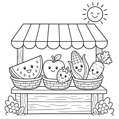Summer Farmers Market with Happy Fruits and Veggies