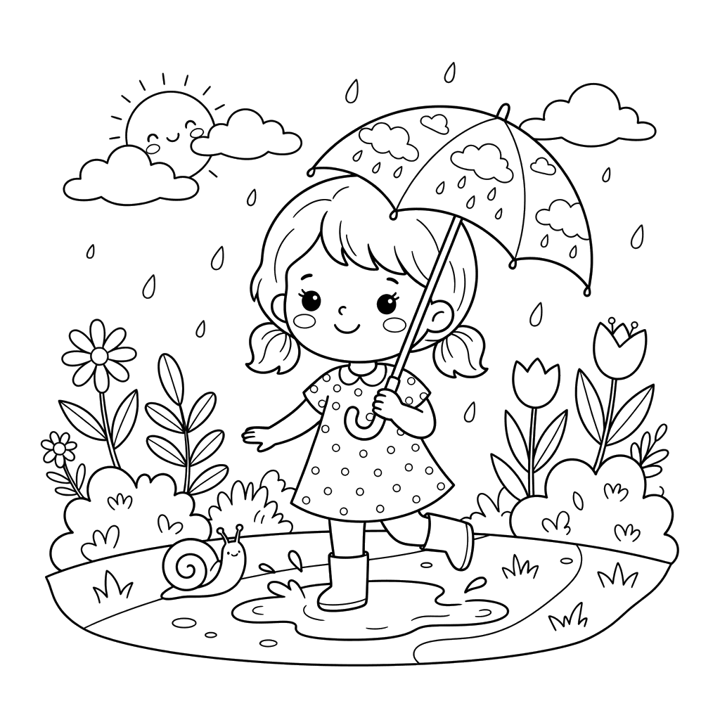 Summer Light Rain Coloring Page for Kids