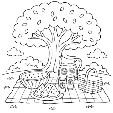 Summer Picnic with Watermelon and Lemonade Coloring Page