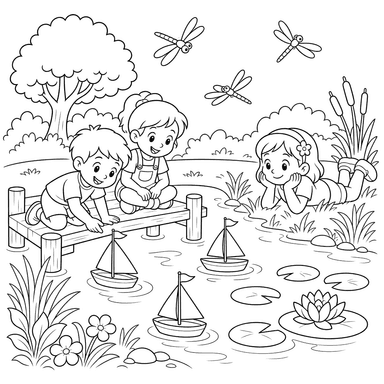 Toy Boats and Dragonflies on a Summer Pond