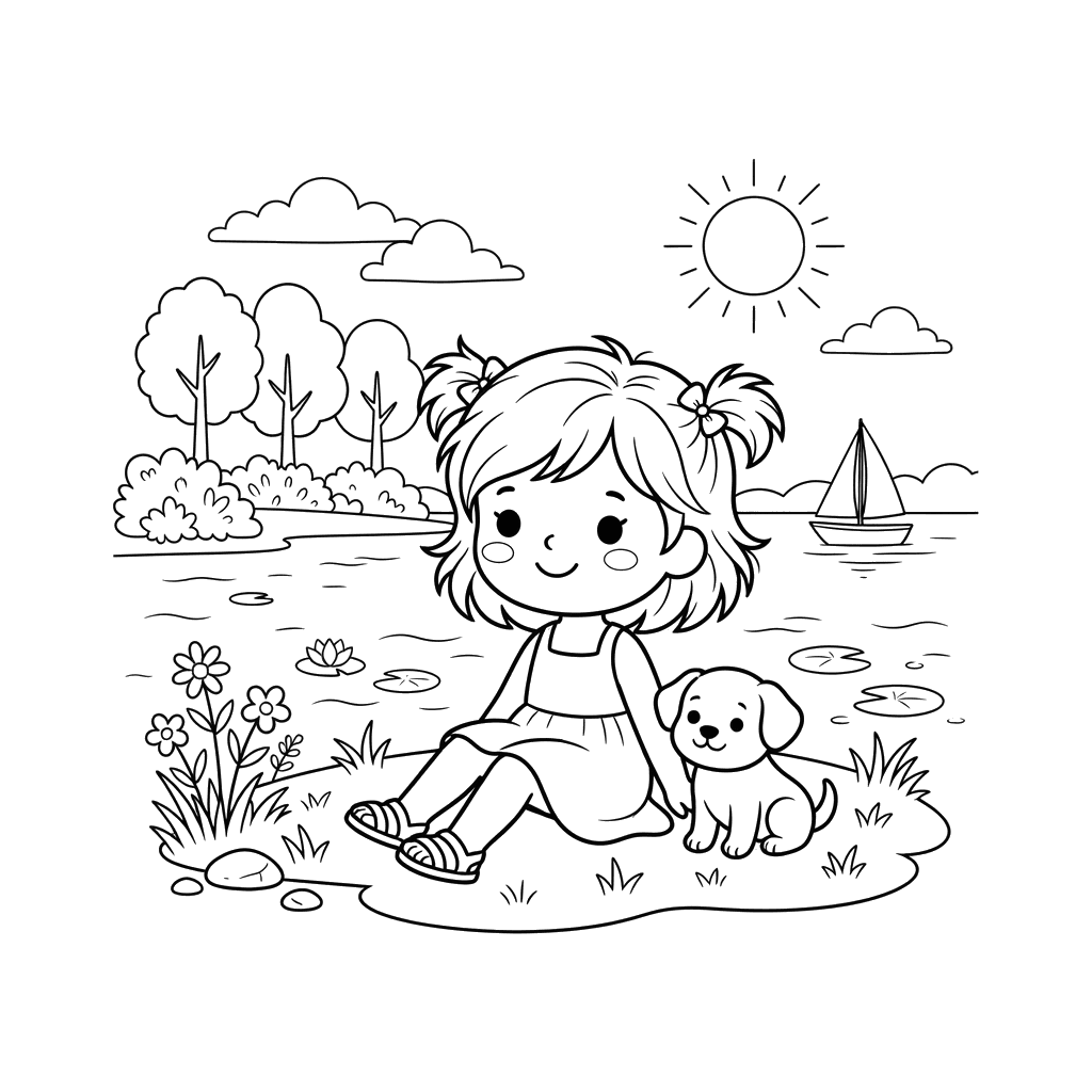 Summer at the Quiet Lake Chibi Coloring Page