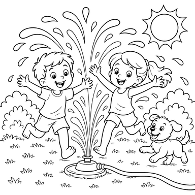 Sprinkler Fun — Kids and Puppy Coloring Page
