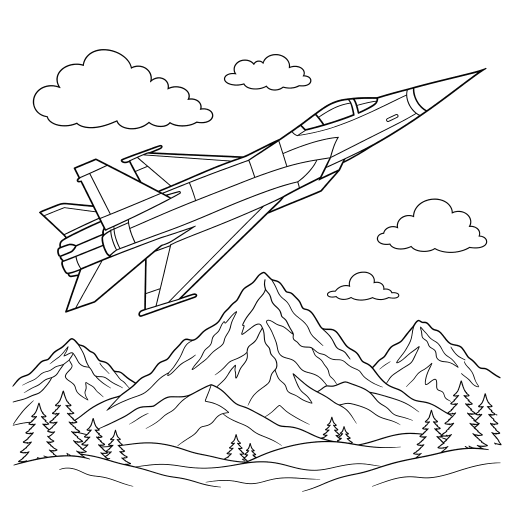Supersonic Airplane Over Mountains Coloring Page