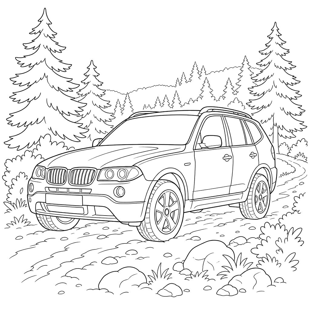 SUV on Forest Road Coloring Page