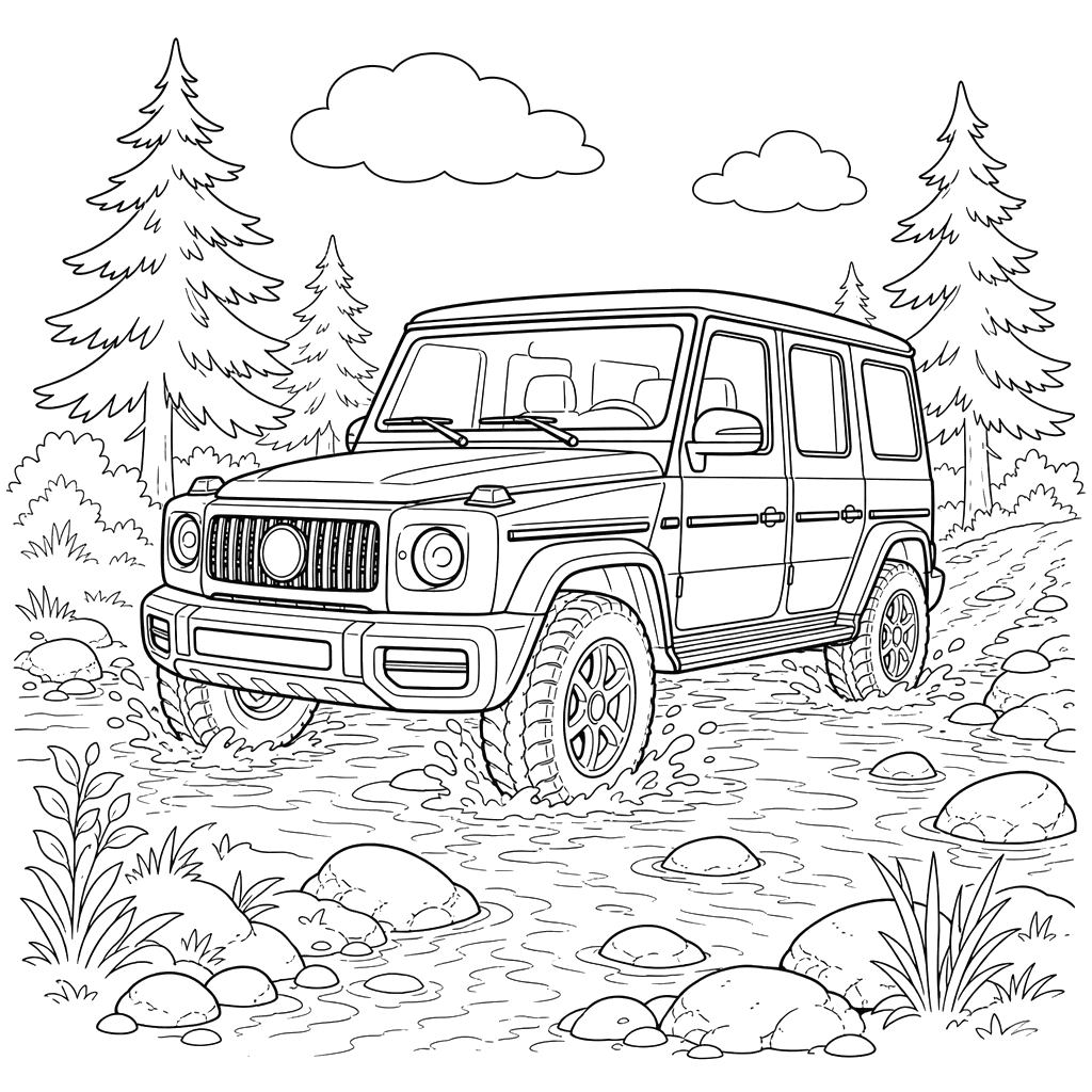 SUV in Forest Stream