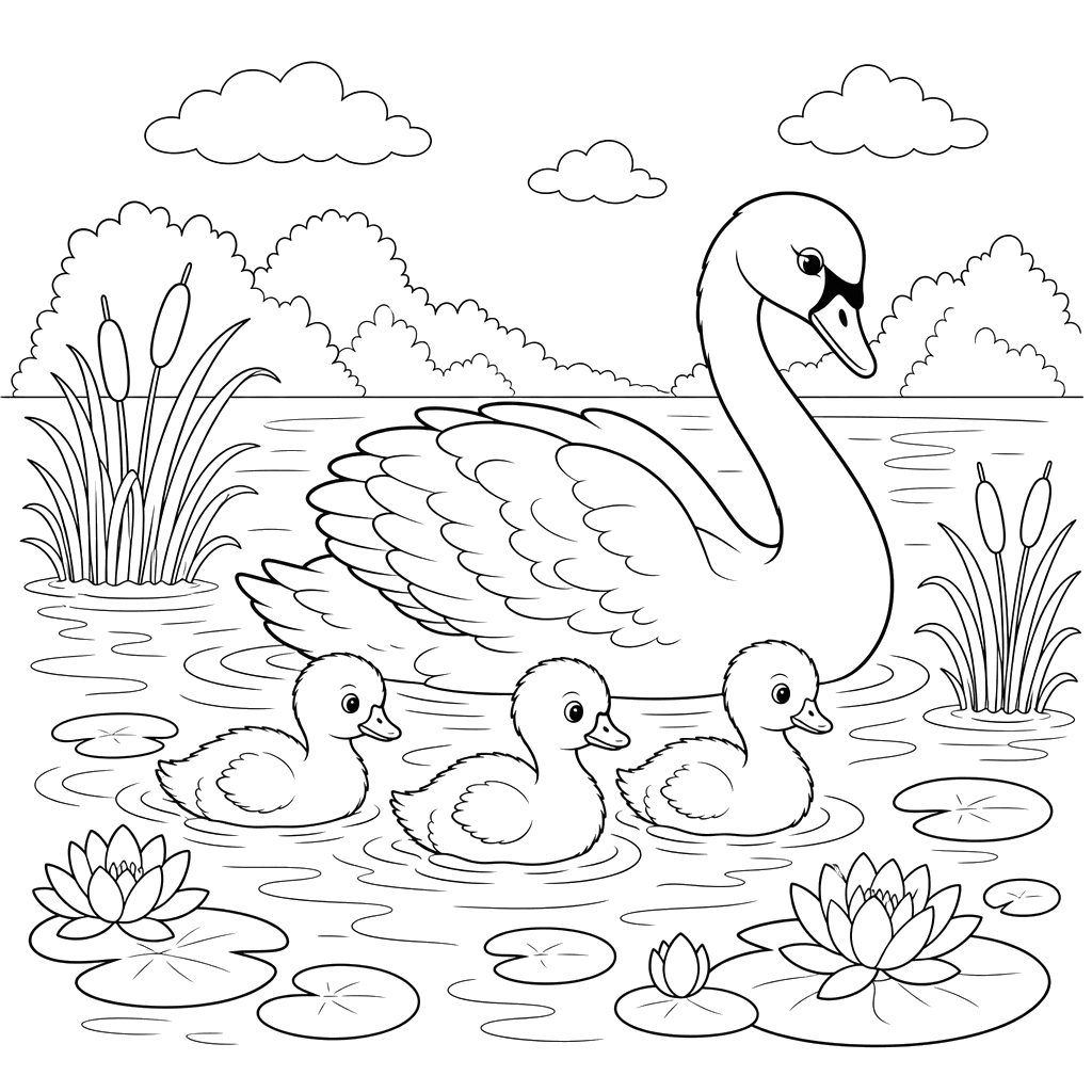 Swan with Cygnets Coloring Page