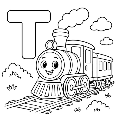 English Letter T and Train Coloring Page