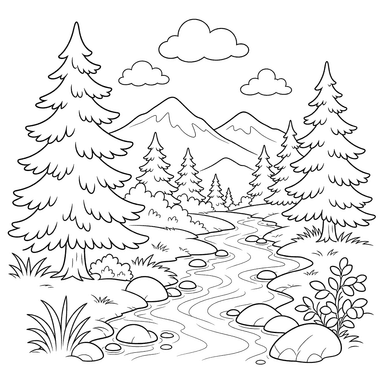 Taiga Landscape with Pines and a Stream: Coloring Page