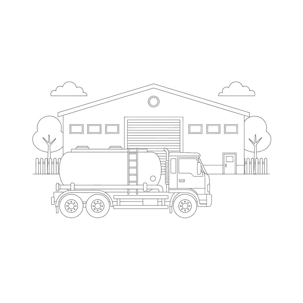 Tank Truck and Warehouse Coloring Page