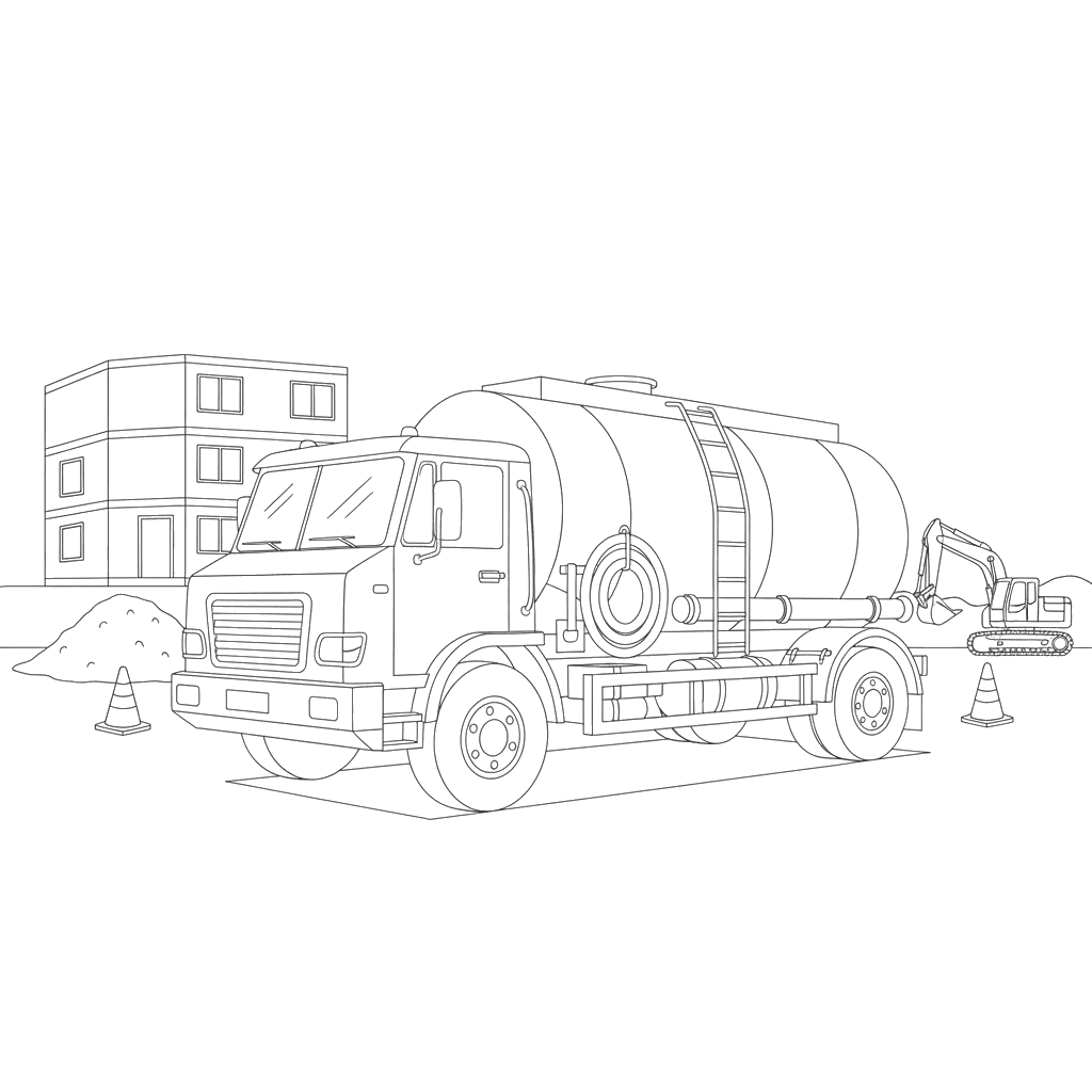 Tanker Truck at Construction Site Coloring Page