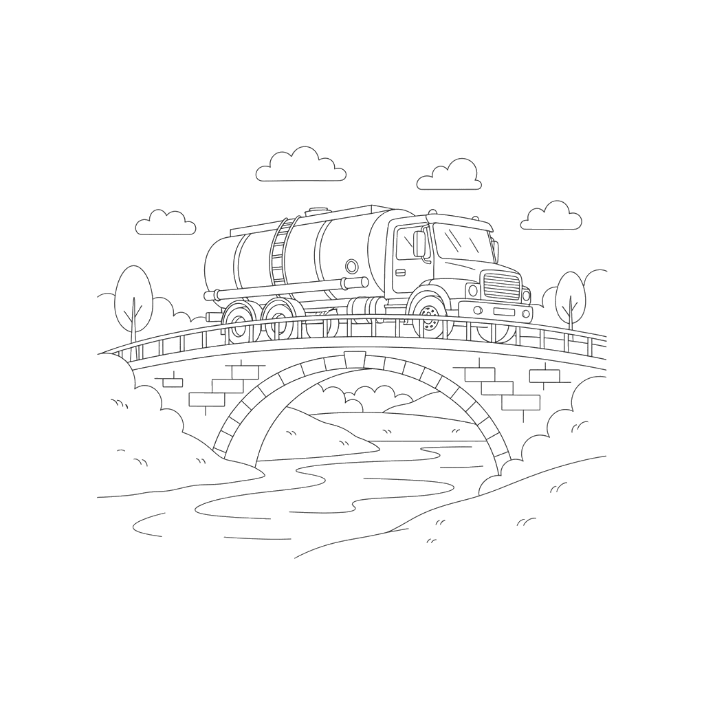 Tanker Truck Crossing a Bridge Coloring Page