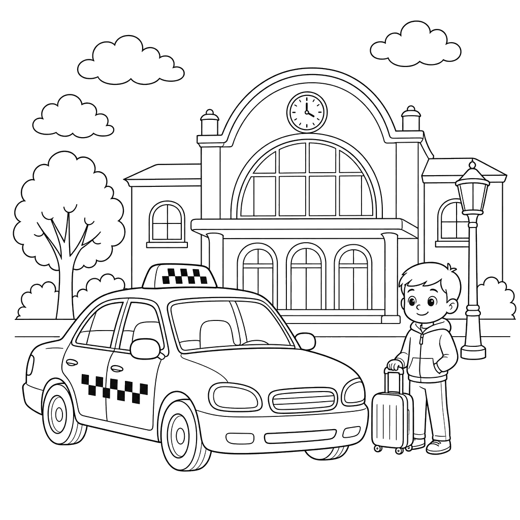 Taxi at Train Station Coloring Page