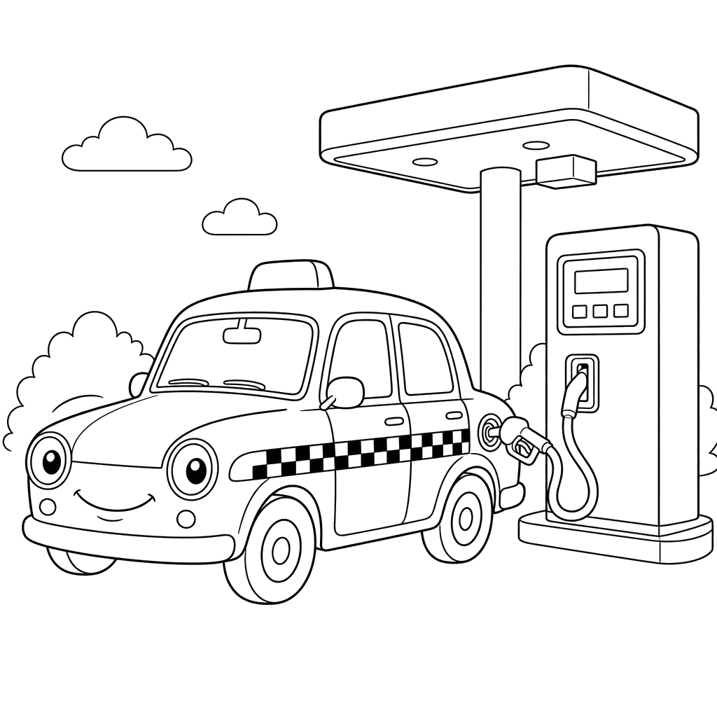 Taxi at Gas Station Coloring Page