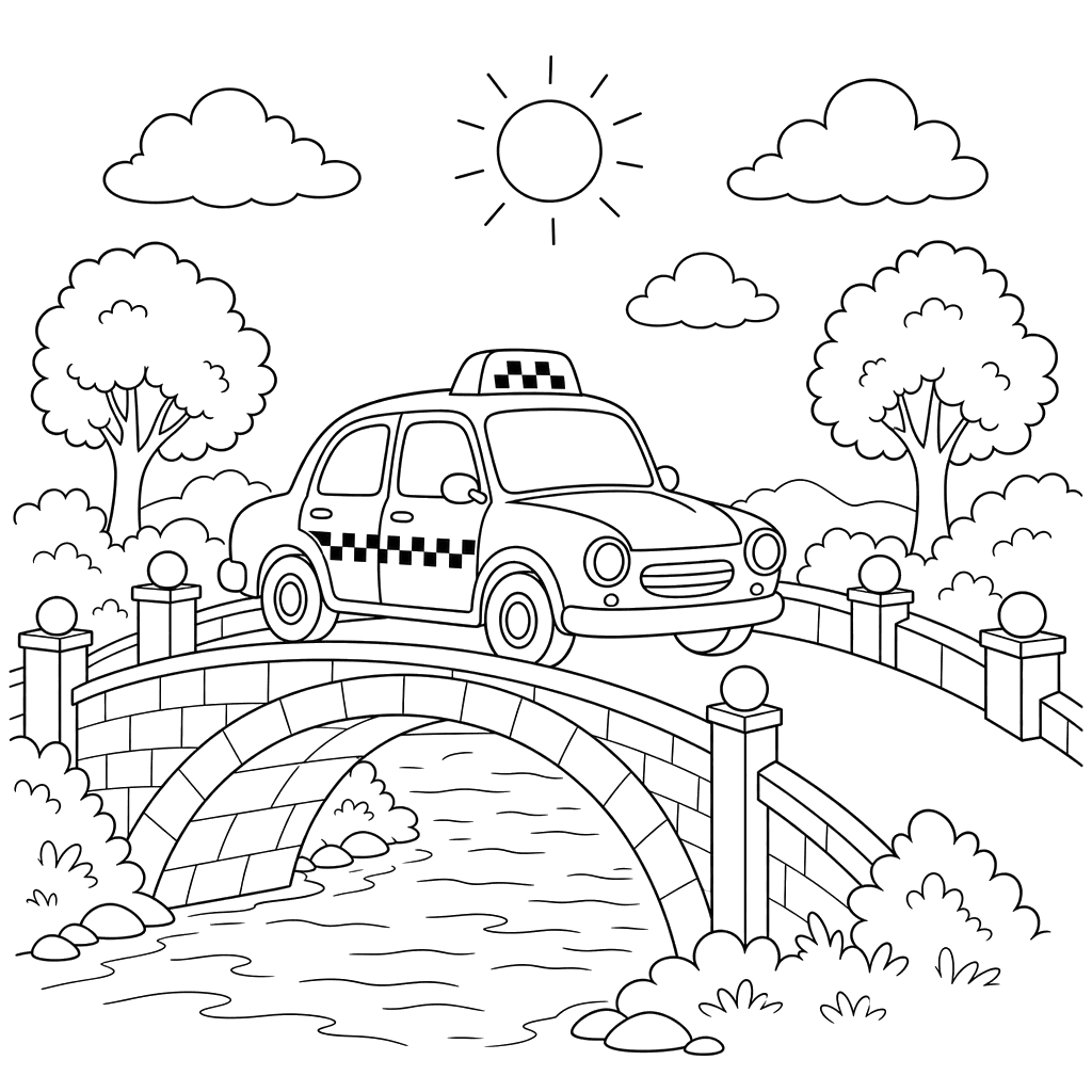 Taxi on a Bridge Coloring Page