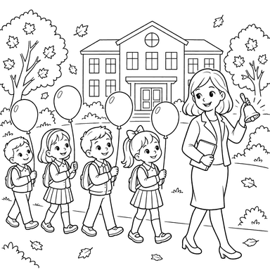Teacher and Four Children at School Coloring Page