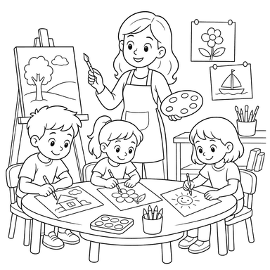 Teacher and Children in a Drawing Class Coloring Page
