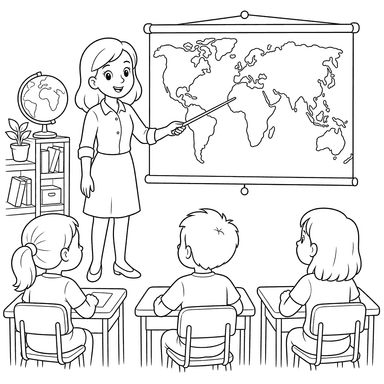 Teacher Showing a Map in Class — Coloring Page