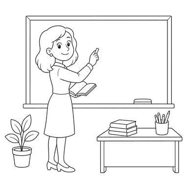 Teacher Writing on a Blackboard — Coloring Page