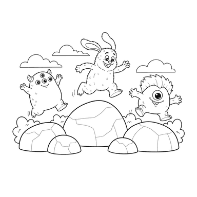 Three Friendly Monsters Jumping on Rocks