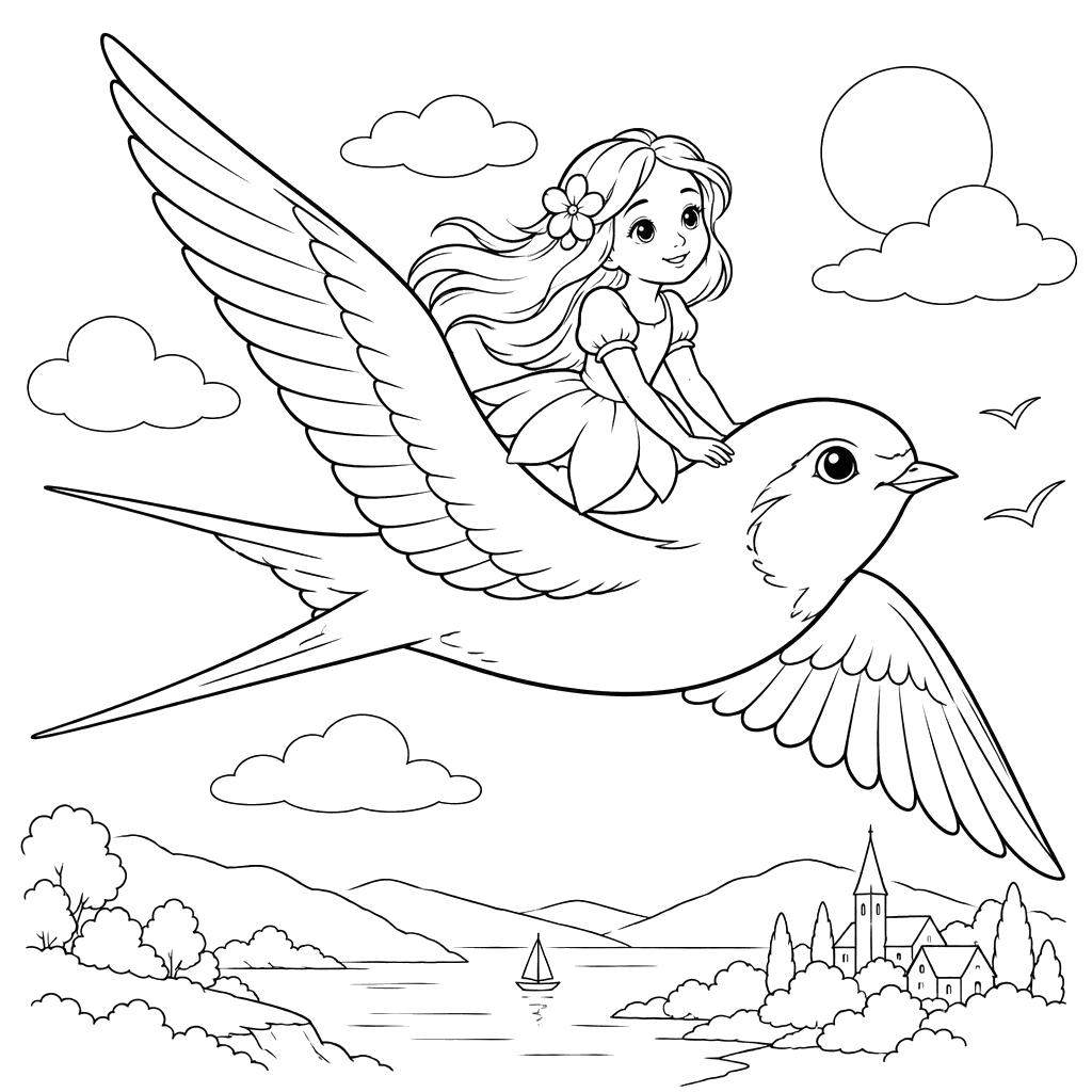 Thumbelina Riding a Swallow Coloring Page