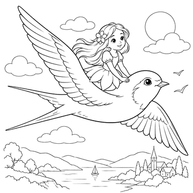 Thumbelina Riding a Swallow Coloring Page