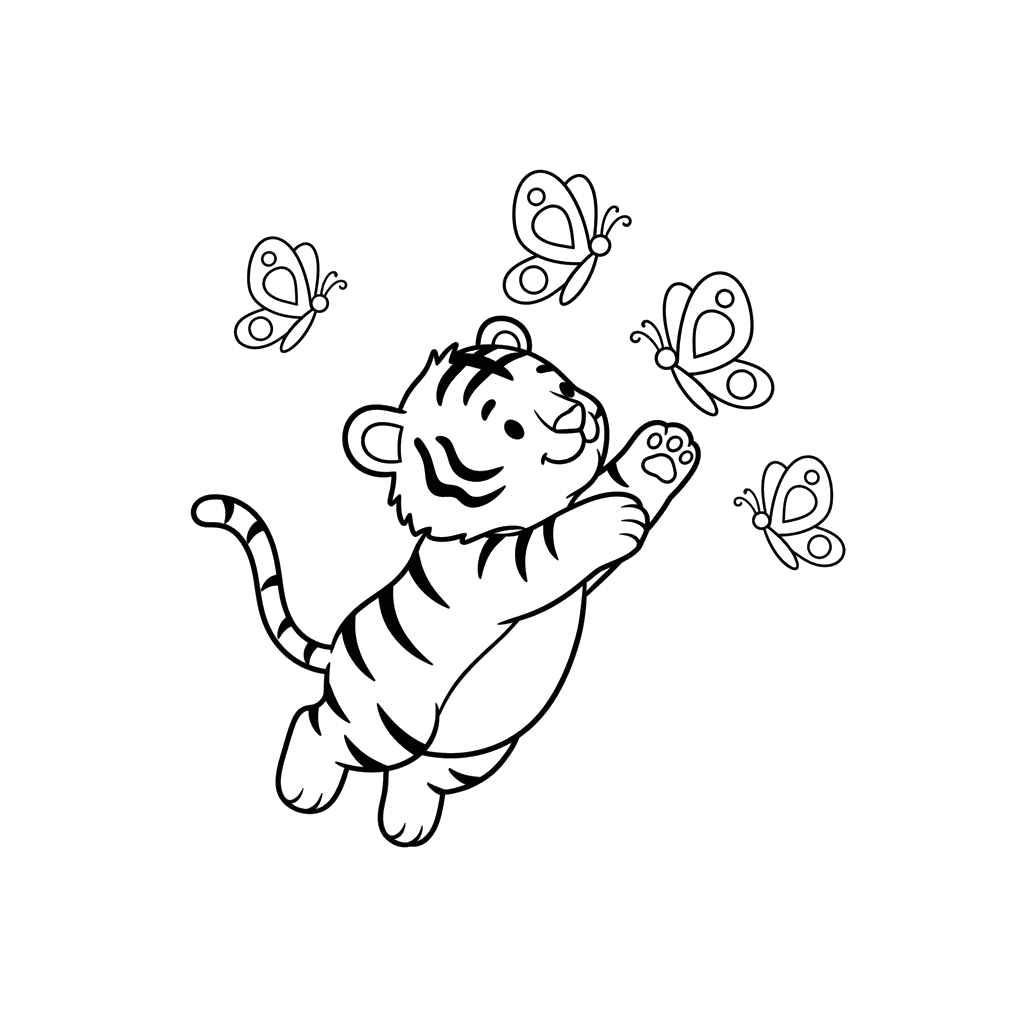Tiger Cub Catching Butterflies Coloring Page