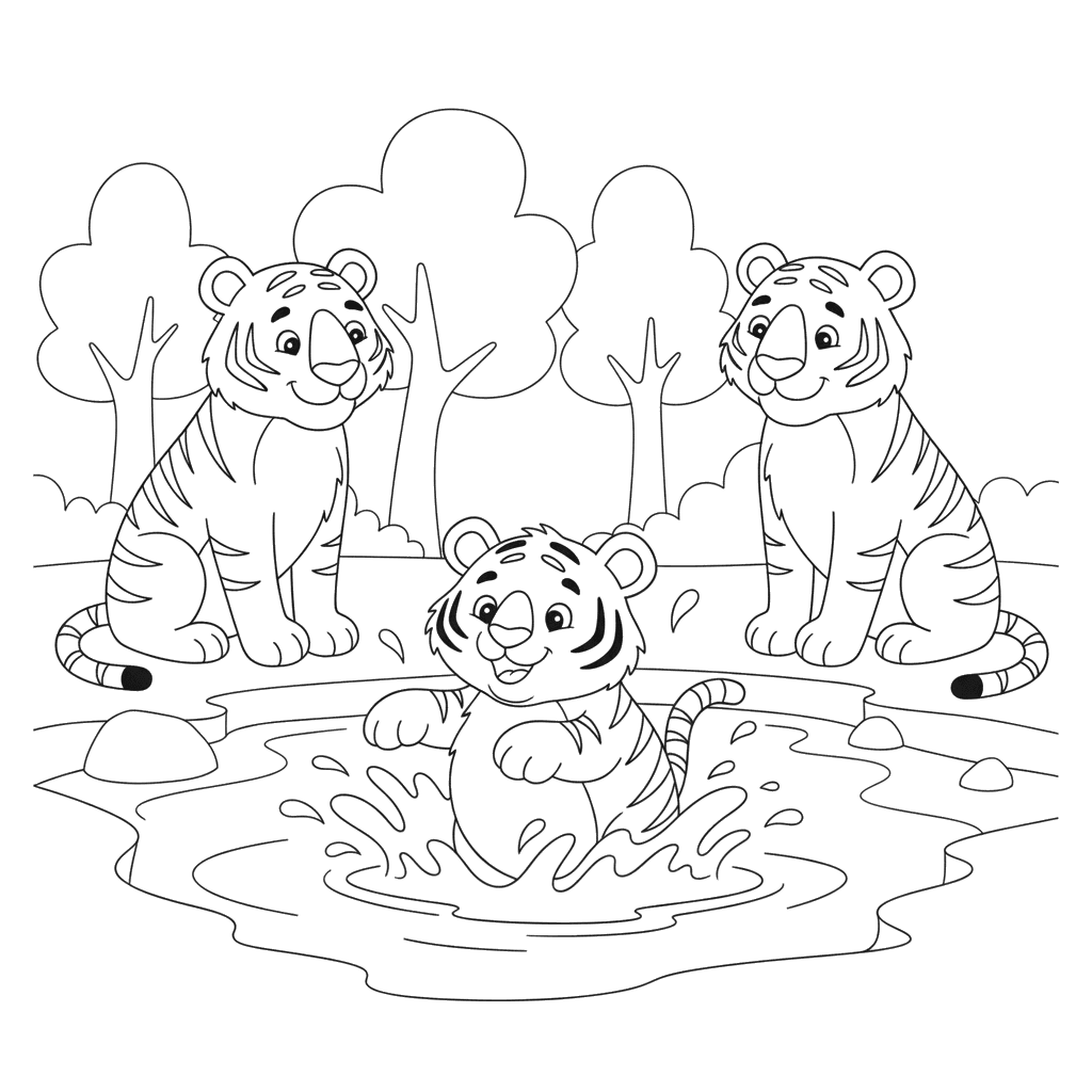Tiger Cub's First Swim Coloring Page