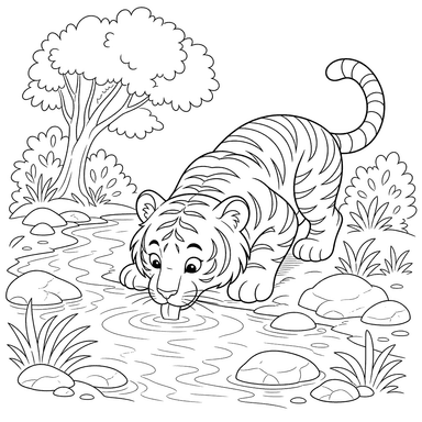 Tiger Drinking from a Forest Stream Coloring Page