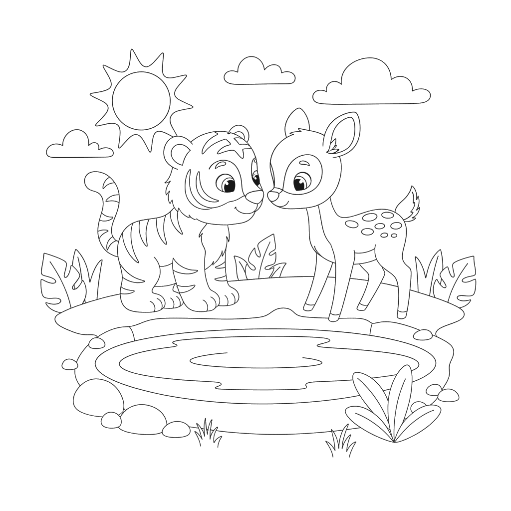 Tiger and Fawn at the Watering Hole Coloring Page