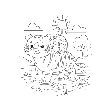 Tiger and Hedgehog Crossing a Stream Coloring Page