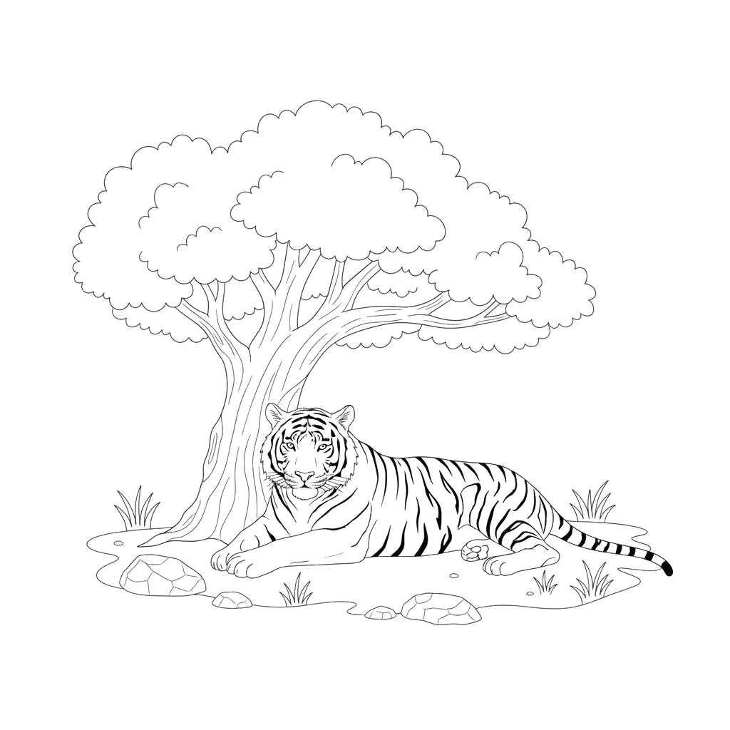 Tiger Resting Under a Tree Coloring Page