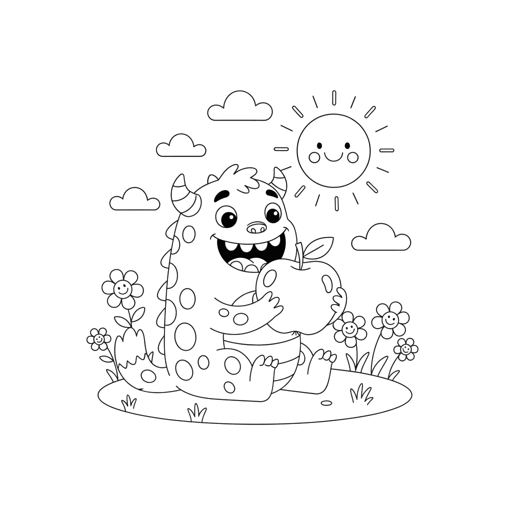Toothy Monster Eating Fruit Coloring Page