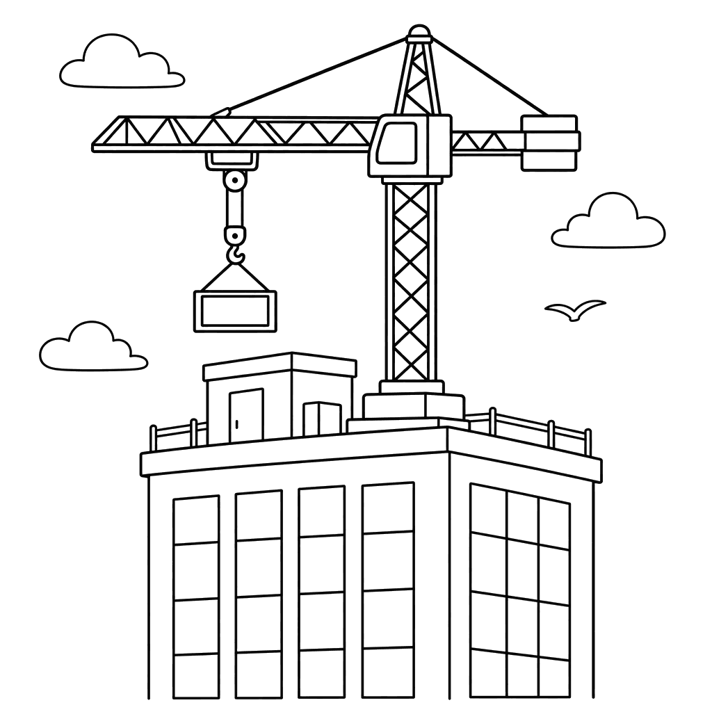 Tower Crane on a Skyscraper Coloring Page
