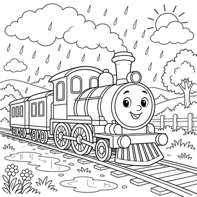 Little Train in Summer Rain Coloring Page