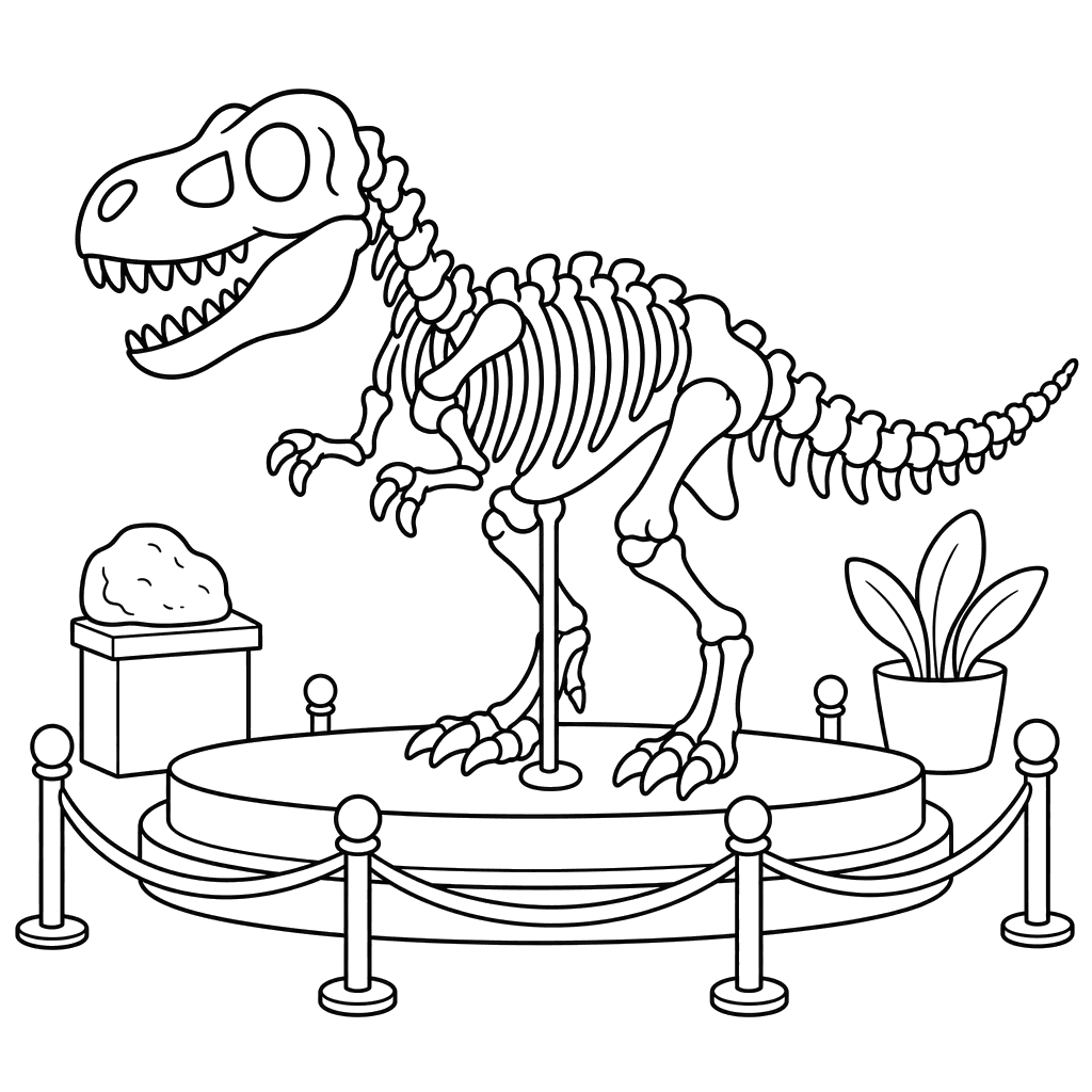 T. rex skeleton in a museum — coloring page