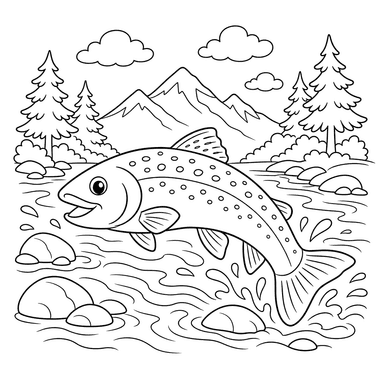 Trout in a Mountain Stream Coloring Page