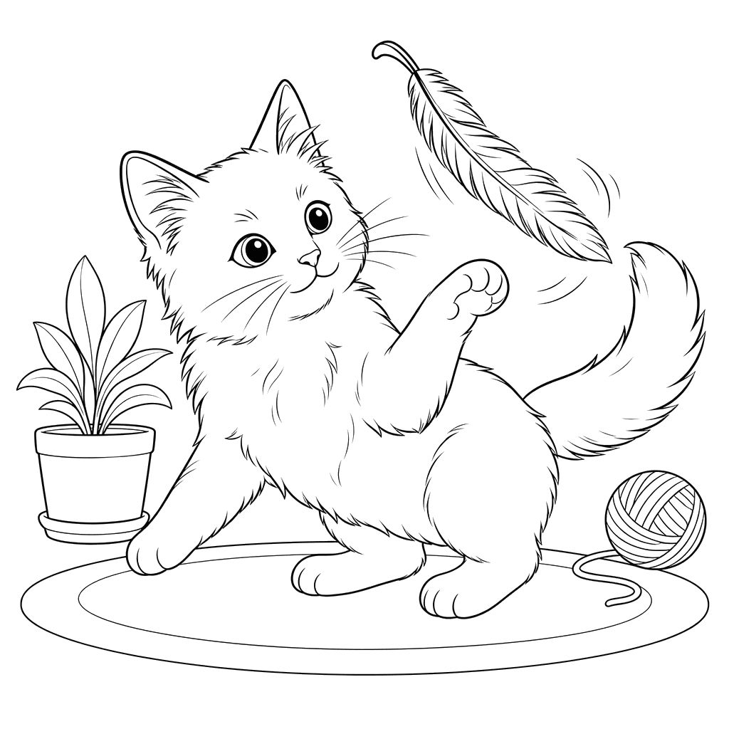 Turkish Angora Cat with Feather Coloring Page