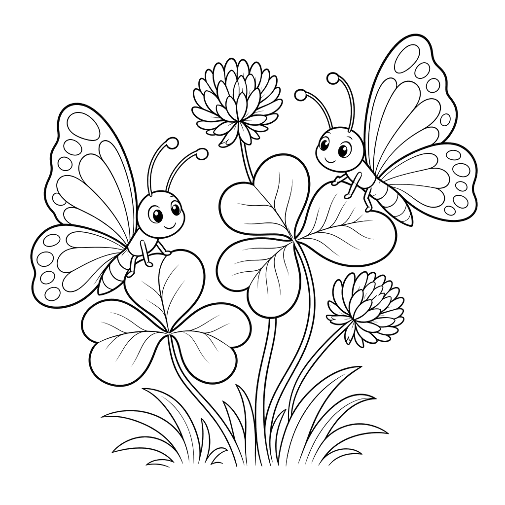 Two Butterflies on Clover Coloring Page