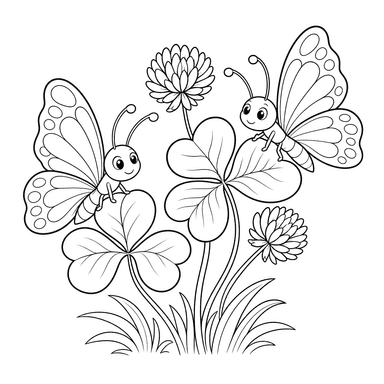 Two Butterflies on Clover Coloring Page