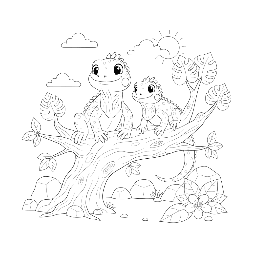 Two Friendly Iguanas on a Snag Coloring Page