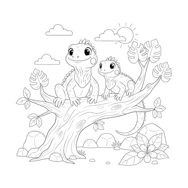 Two Friendly Iguanas on a Snag Coloring Page