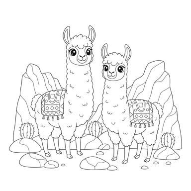 Two Llamas Among Rocks Coloring Page