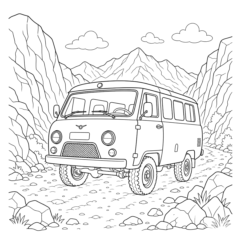 UAZ‑452 in a Mountain Gorge Coloring Page