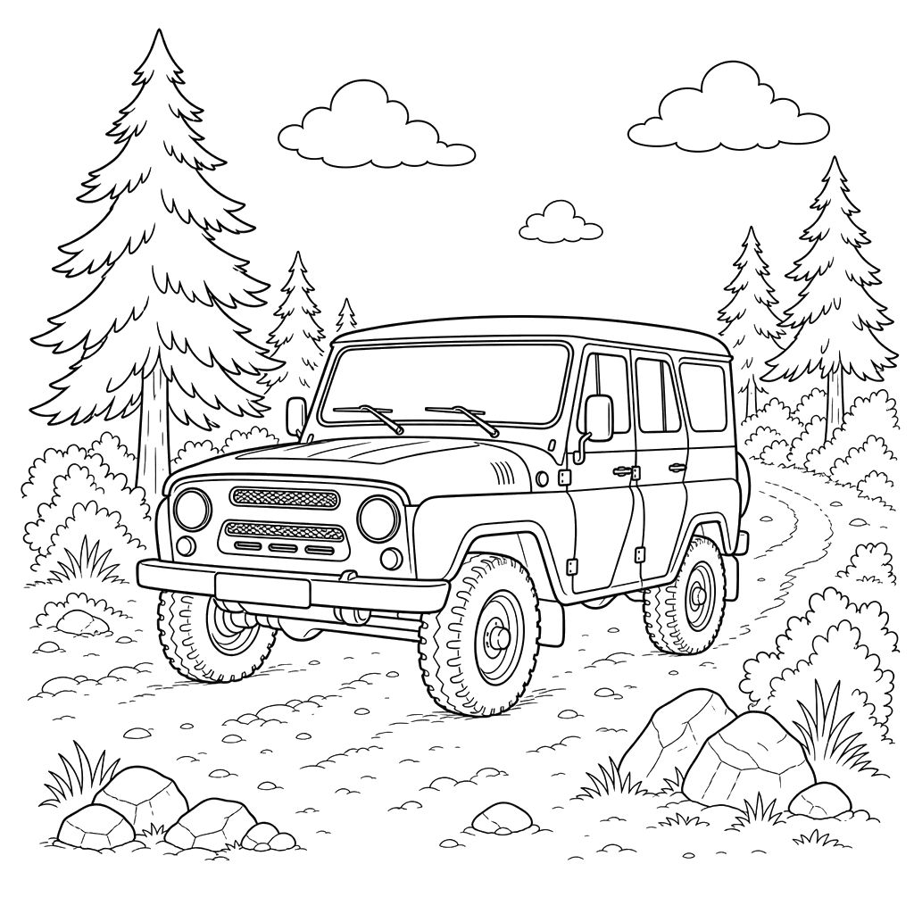 UAZ Driving on a Forest Road — Coloring Page