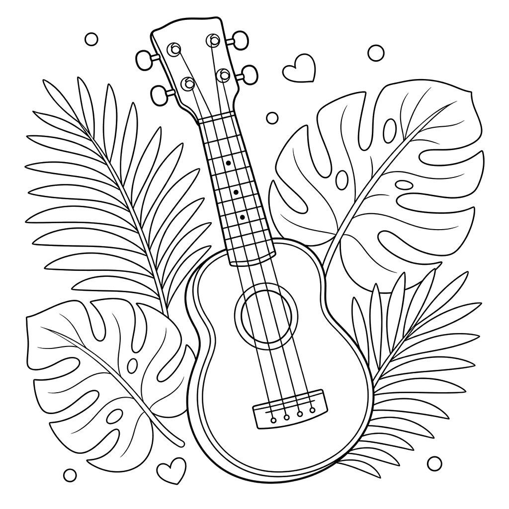 Ukulele and Palm Leaves Coloring Page