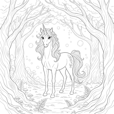 Unicorn Among Ancient Trees Coloring Page