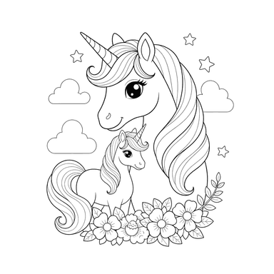 Little Unicorn and Mom Coloring Page